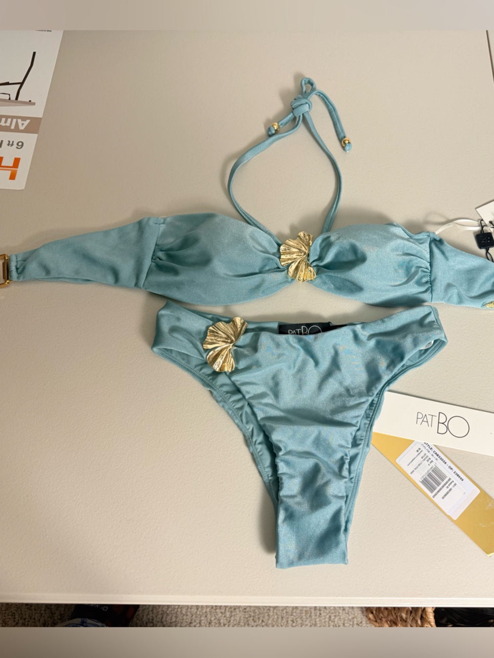 PatBO Seafoam Green Strapless Bikini Set with Gold Shell Accents 2pc NWT - Picture 6 of 9